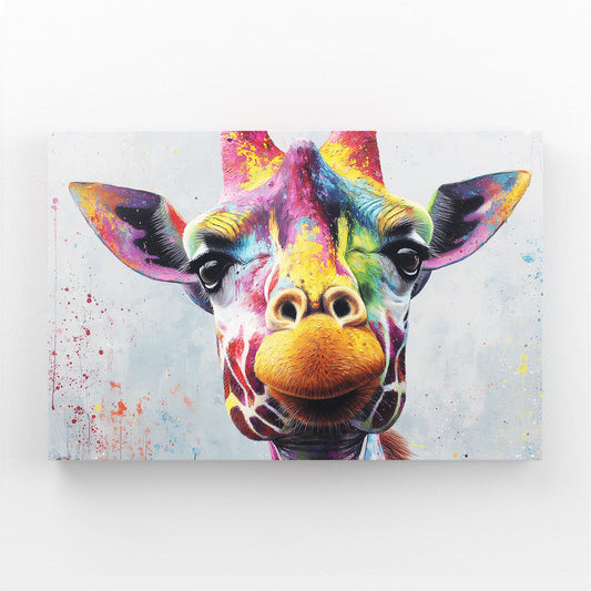 Colorful painting of a giraffe's face on a white background