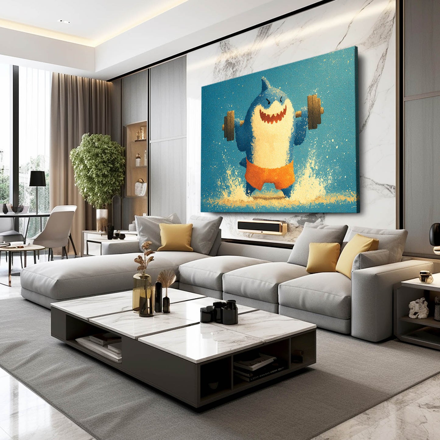 Cute Gym Shark Shark Canvas – styled in a furnished interior