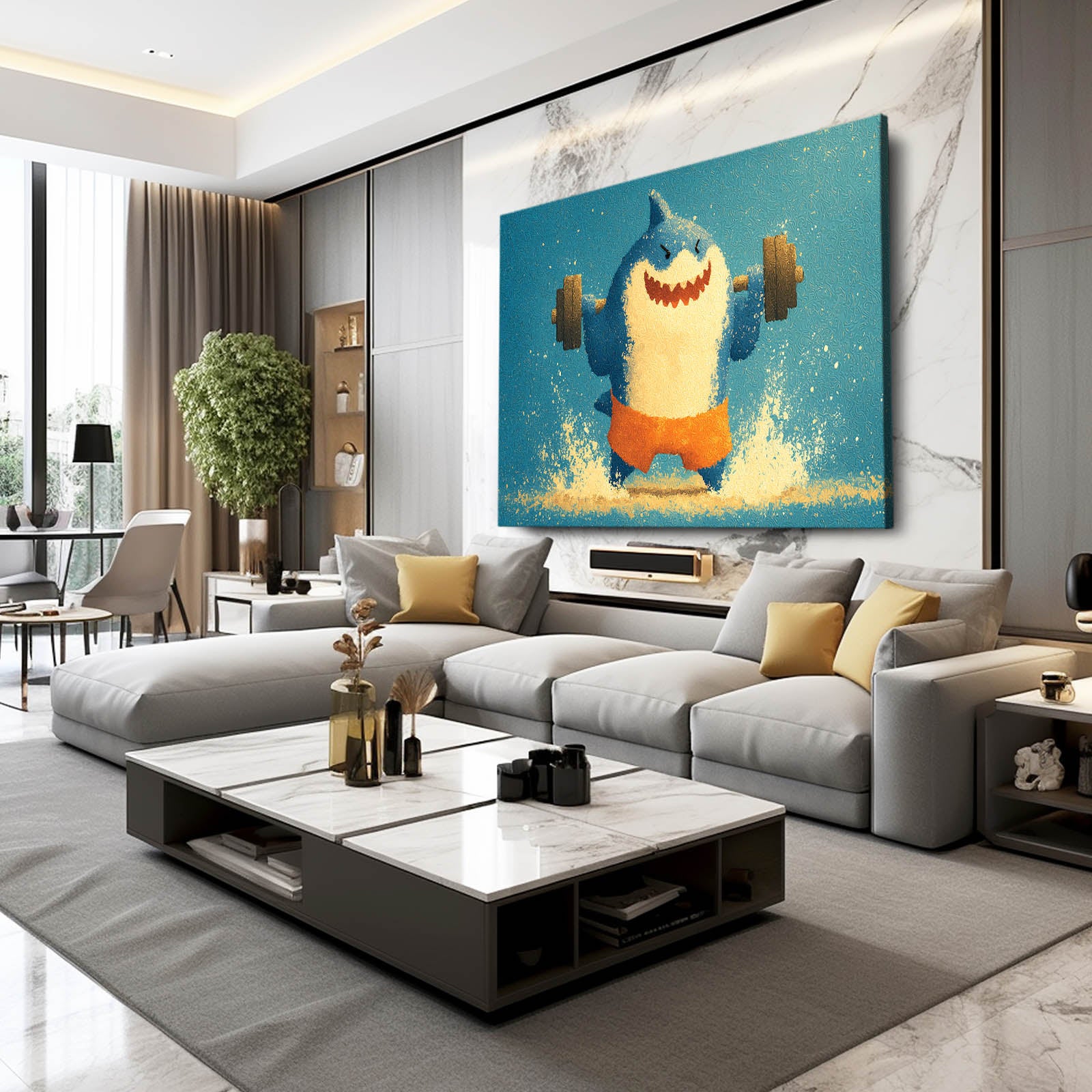 Cute Gym Shark Shark Canvas – styled in a furnished interior
