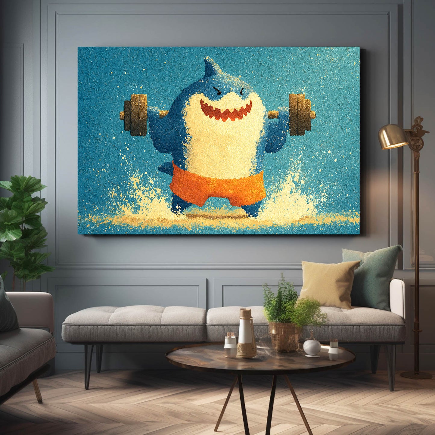 Cute Gym Shark Shark Canvas – styled in a furnished interior