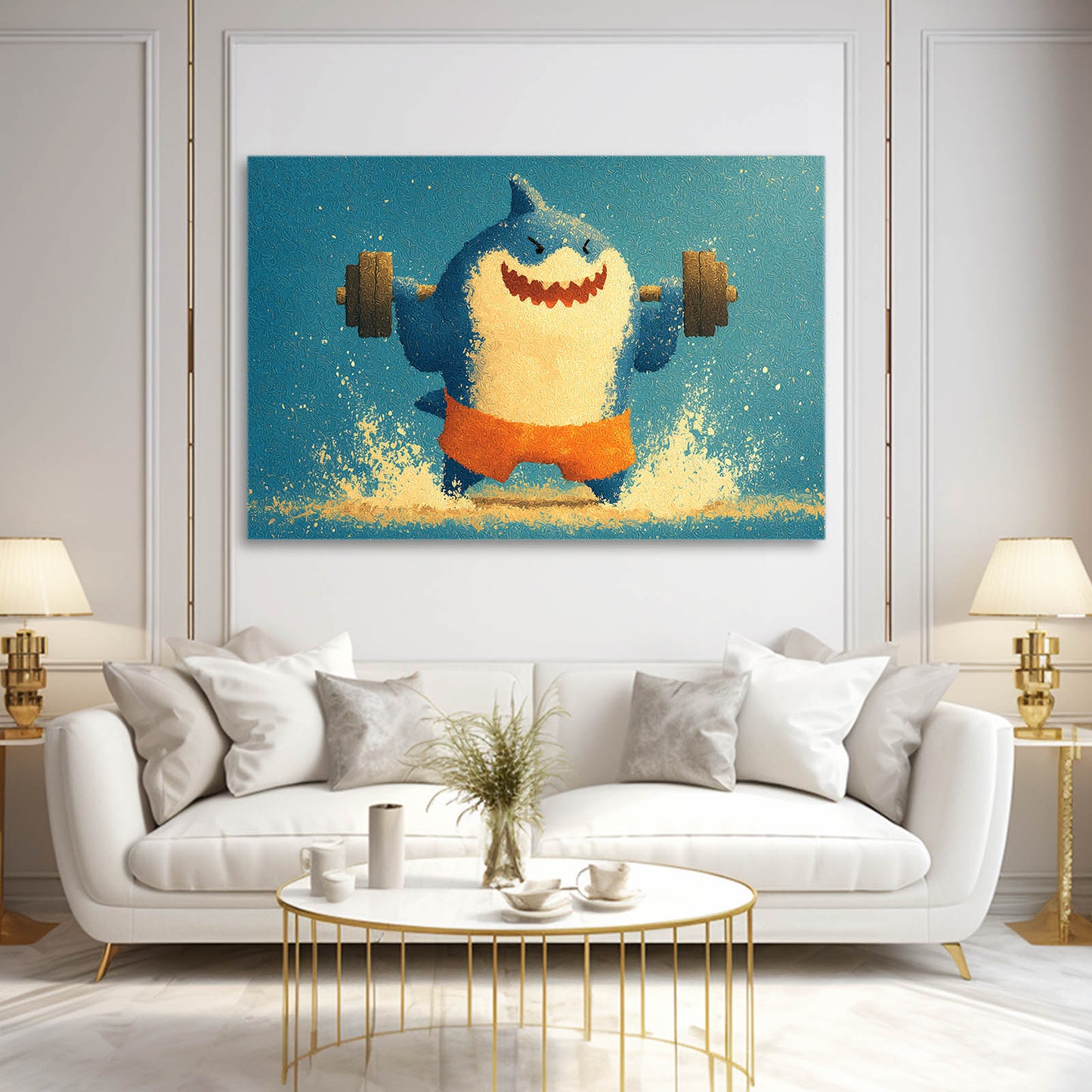 Cute Gym Shark Shark Canvas – styled in a furnished interior