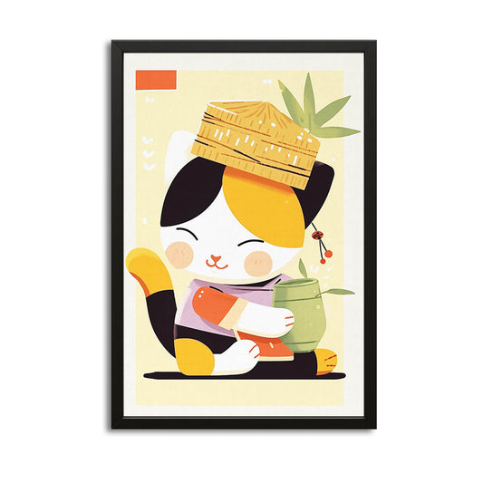 Zen Spirit Cat Art — japanese art canvas print in orange tones, with Premium Black frame on white background