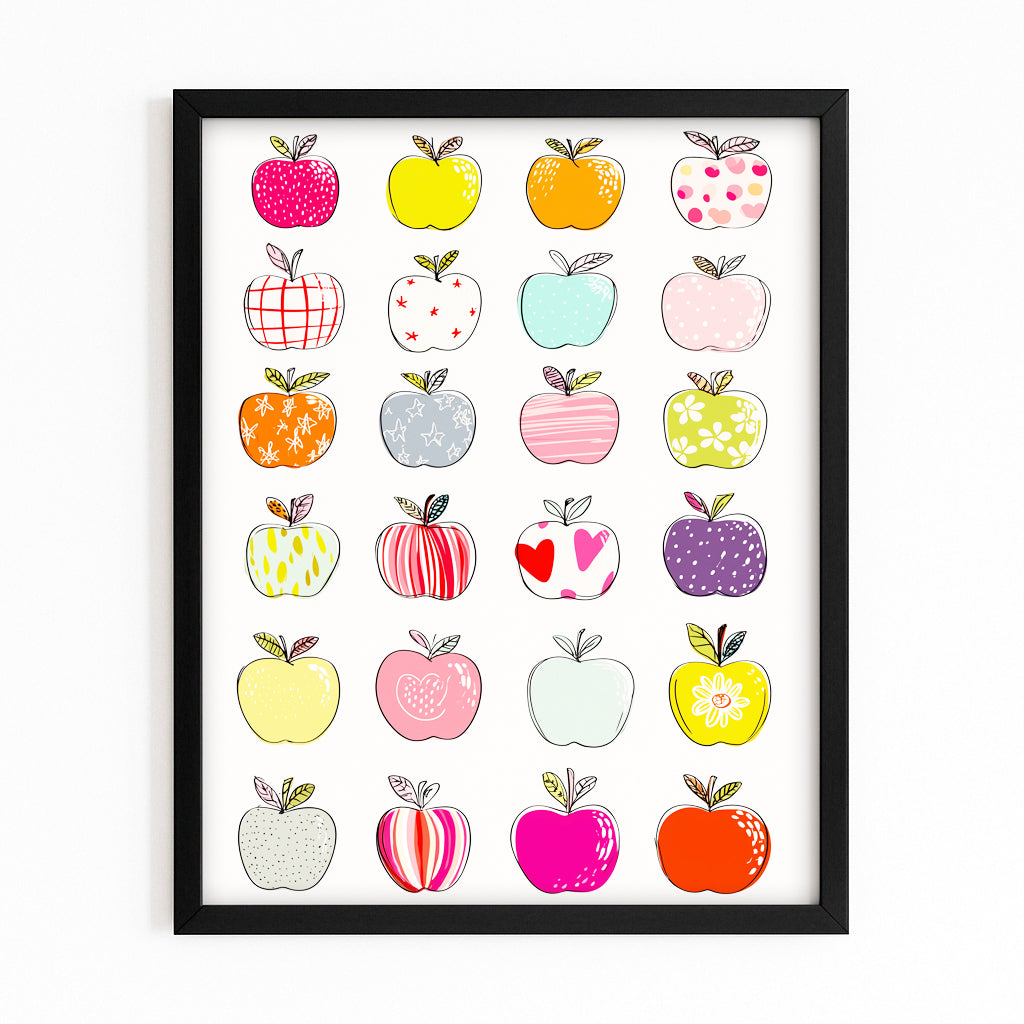 Cute Pattern Grid Apple Canvas – with Premium Black frame on white background
