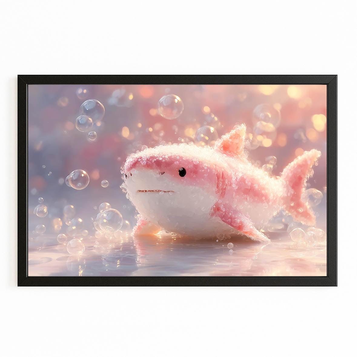Cute Pink Baby Shark Canvas Art – with Premium Black frame on white background