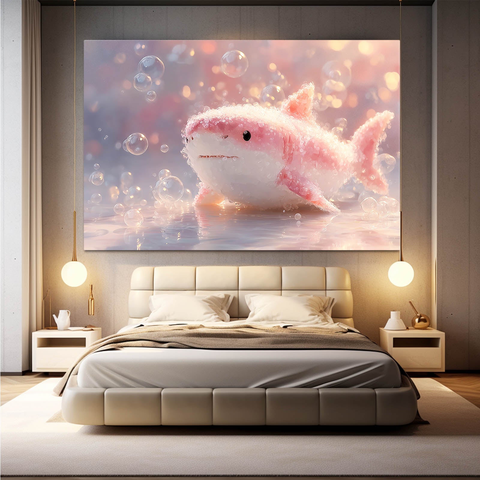 Cute Pink Baby Shark Canvas Art – styled in a furnished interior