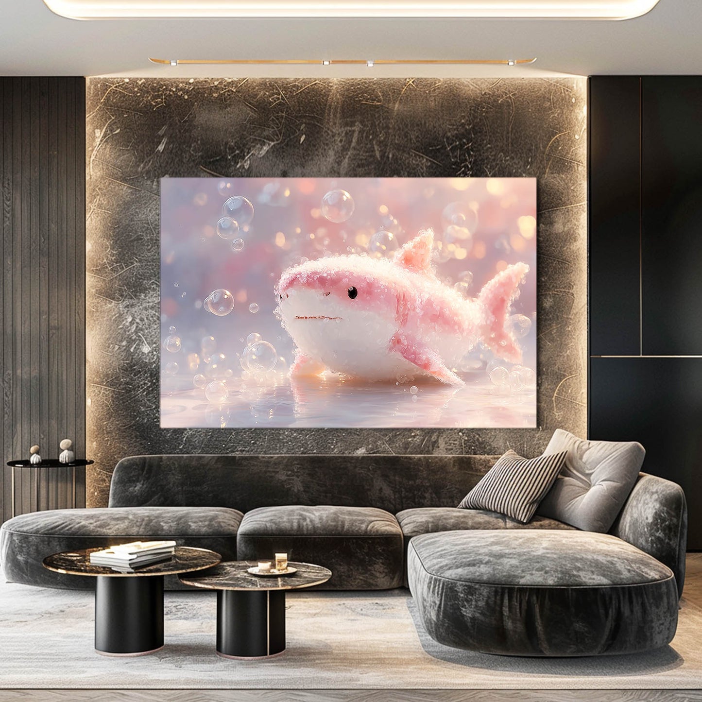 Cute Pink Baby Shark Canvas Art – styled in a furnished interior