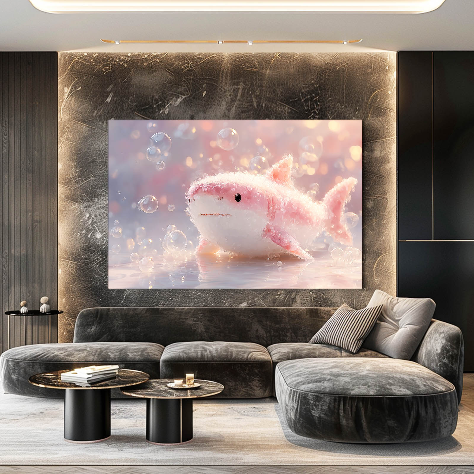 Cute Pink Baby Shark Canvas Art – styled in a furnished interior