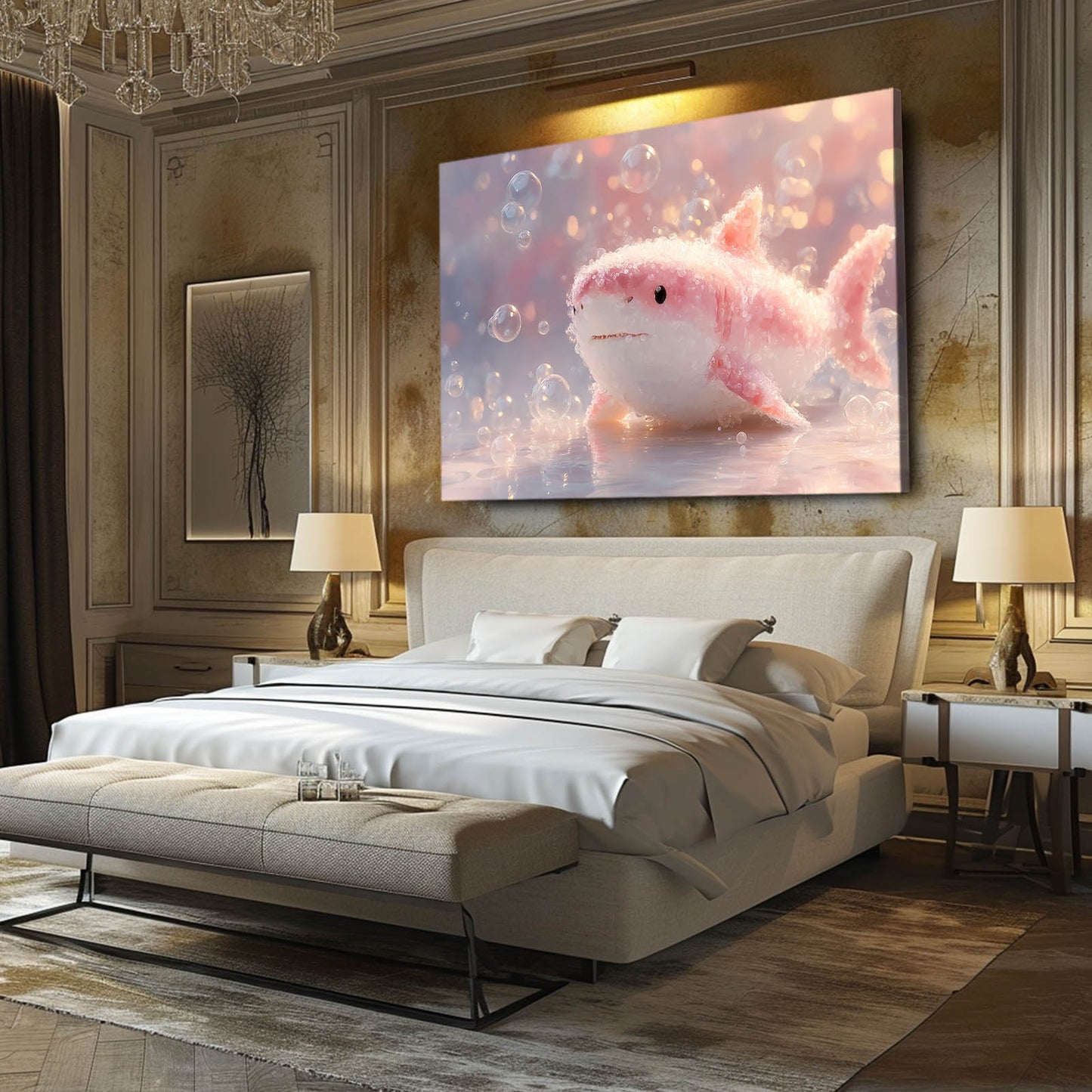 Cute Pink Baby Shark Canvas Art – styled in a furnished interior