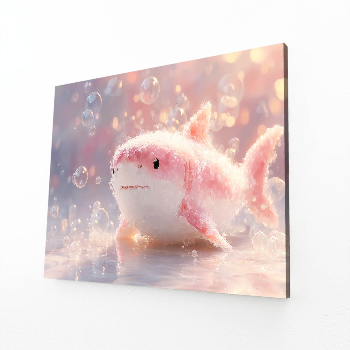 Cute Pink Baby Shark Canvas Art – angled canvas view on white background