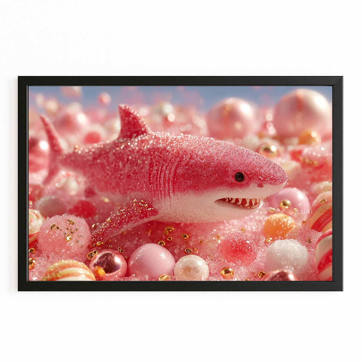 Cute Pink Bubbles Shark Canvas – with Premium Black frame on white background