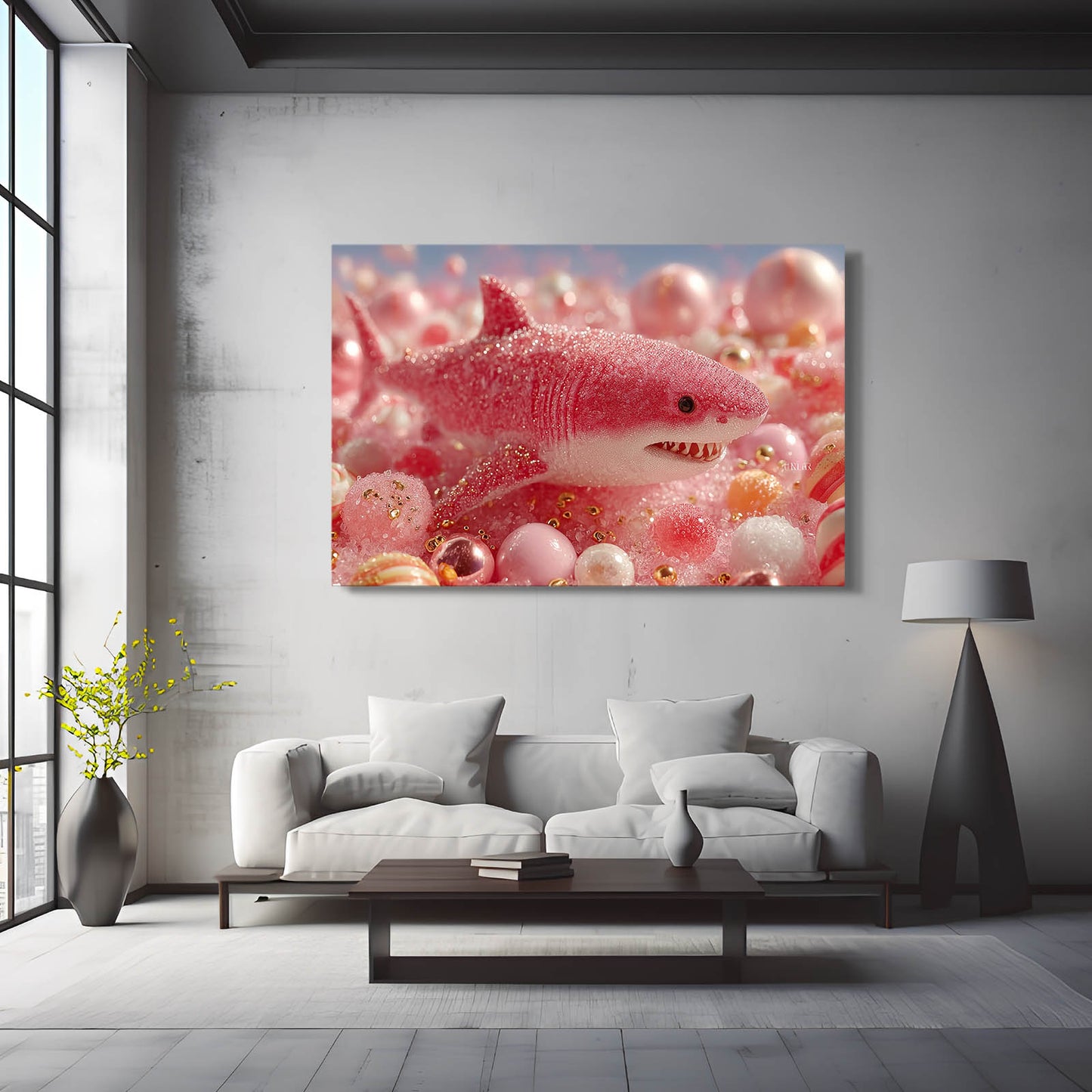 Cute Pink Bubbles Shark Canvas – styled in a furnished interior