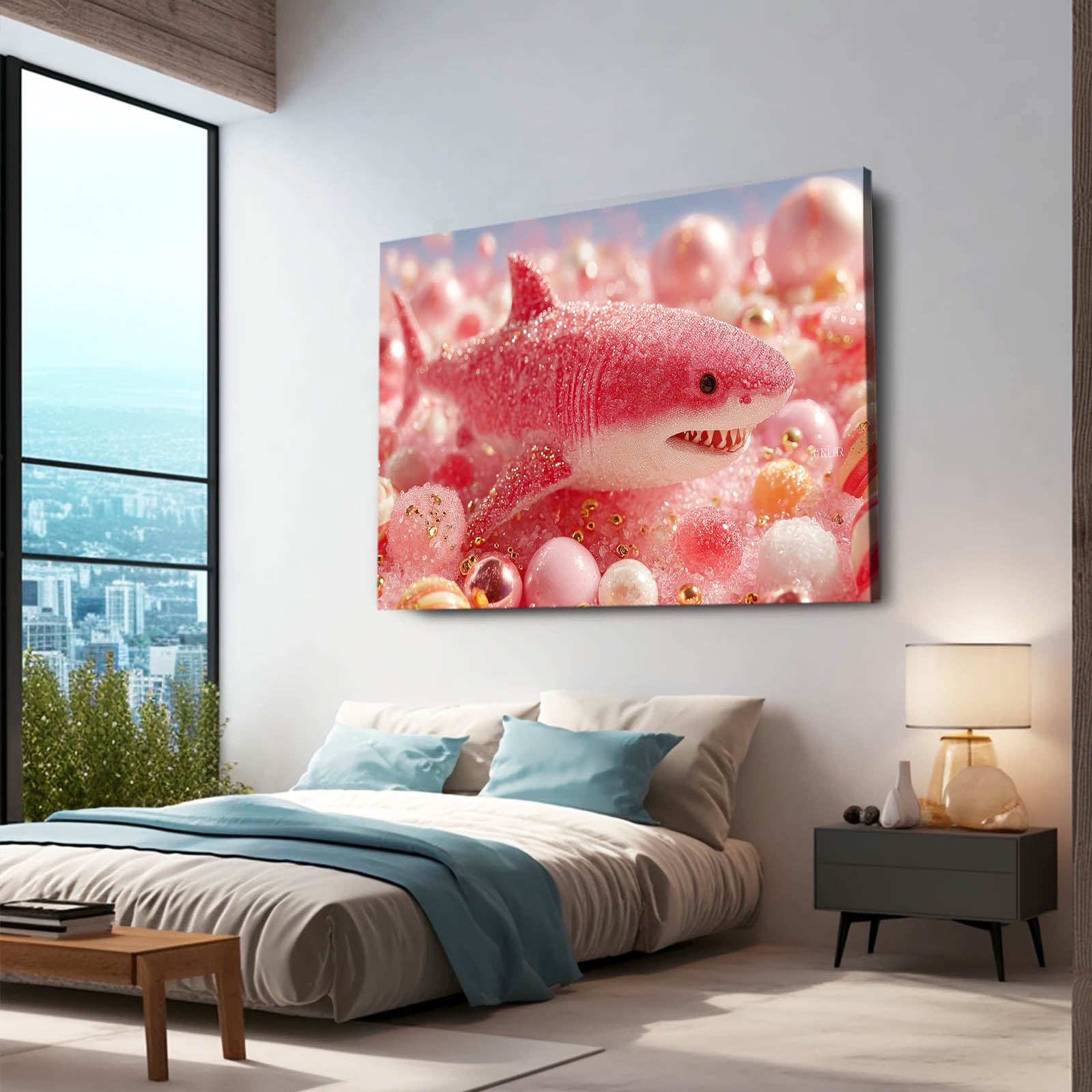 Cute Pink Bubbles Shark Canvas – styled in a furnished interior