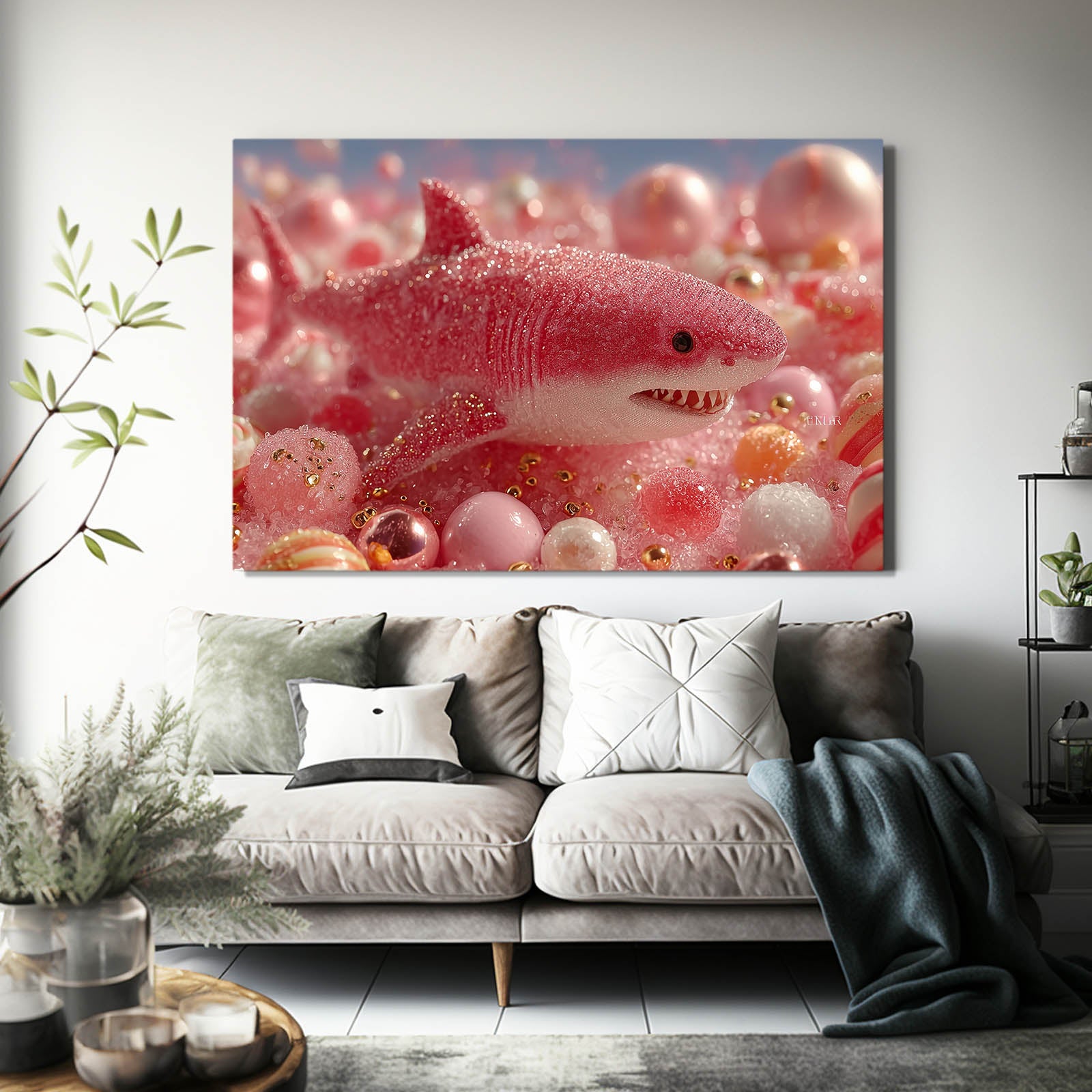 Cute Pink Bubbles Shark Canvas – styled in a furnished interior