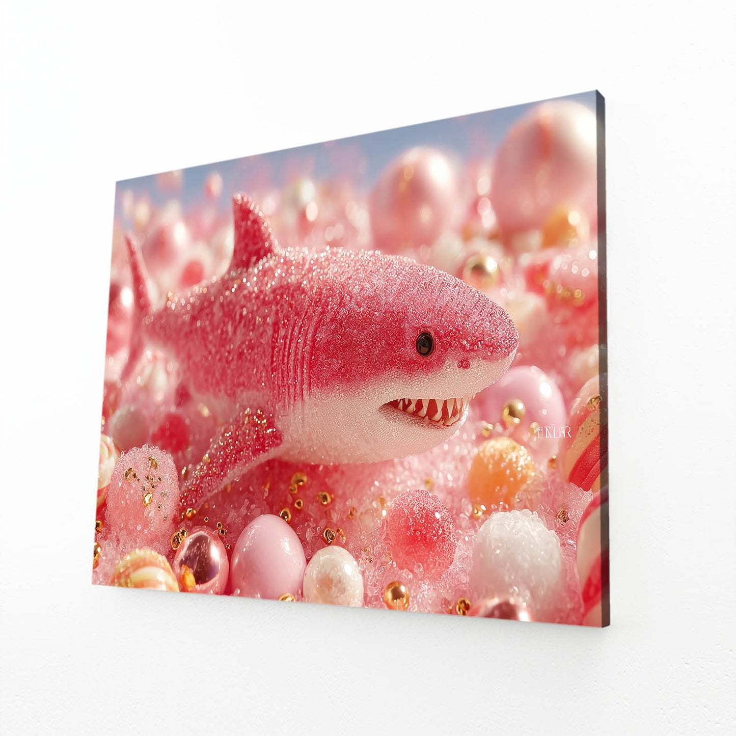 Cute Pink Bubbles Shark Canvas – angled canvas view on white background