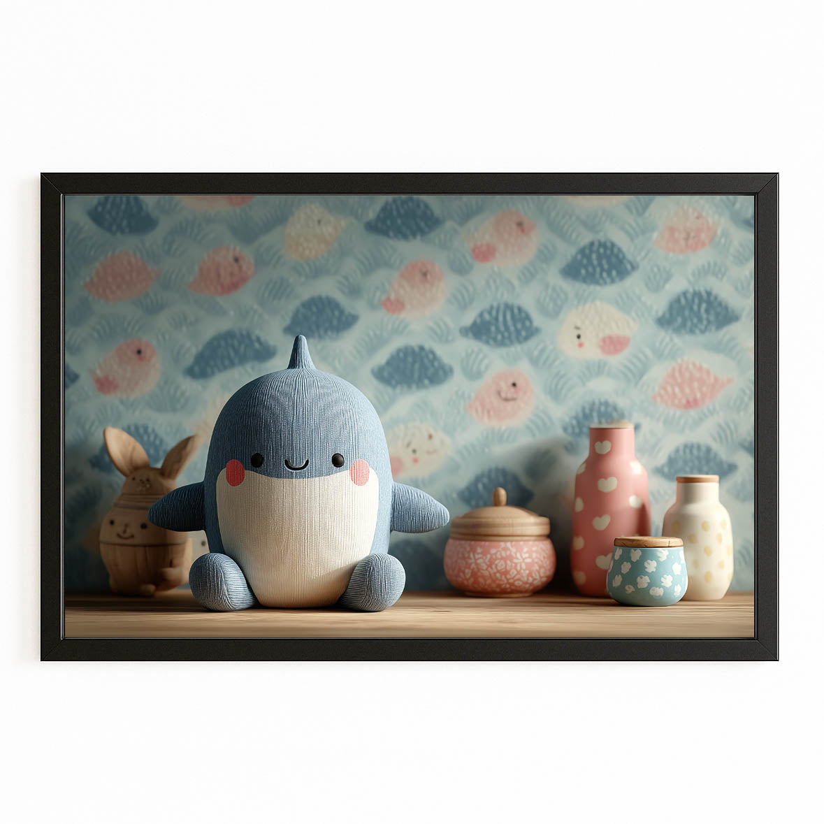 Cute Plush Nursery Shark Wall Art – with Premium Black frame on white background