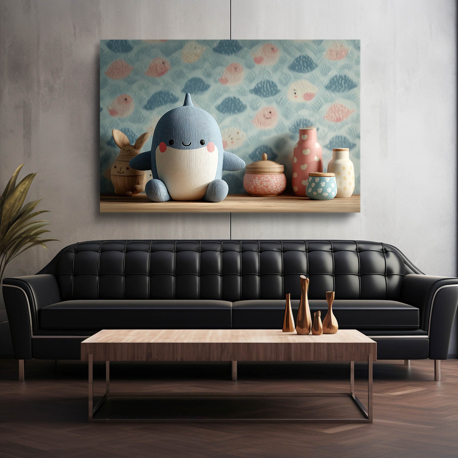 Cute Plush Nursery Shark Wall Art – styled in a furnished interior