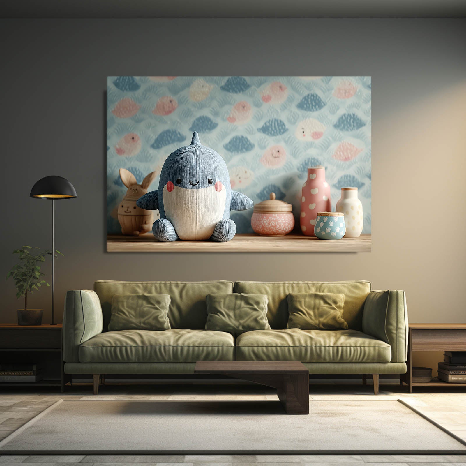 Cute Plush Nursery Shark Wall Art – styled in a furnished interior