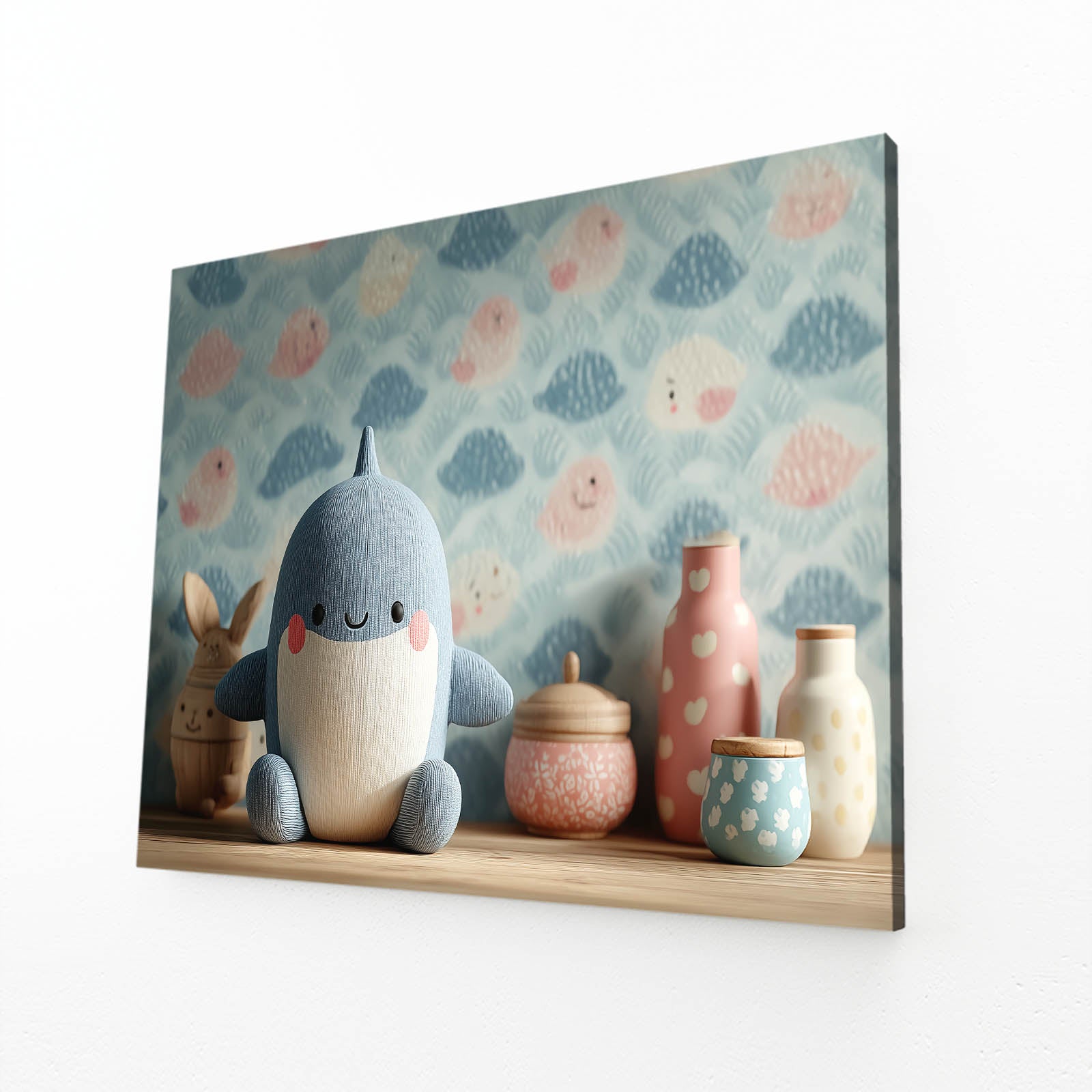 Cute Plush Nursery Shark Wall Art – angled canvas view on white background