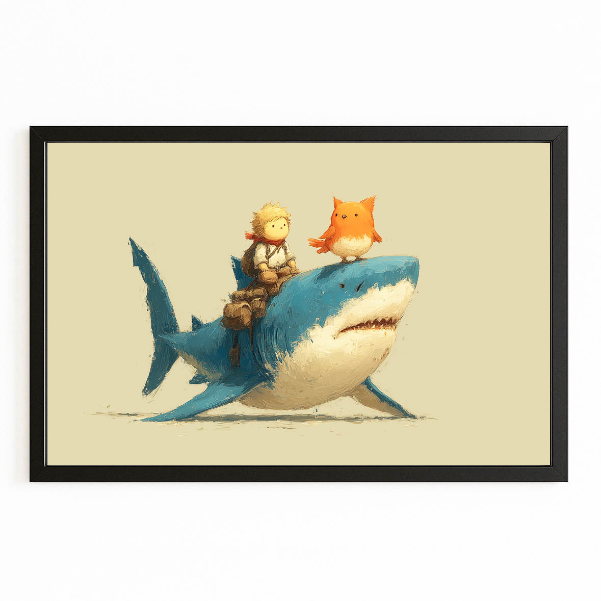 Cute Ride Friends Shark Canvas Art – with Premium Black frame on white background