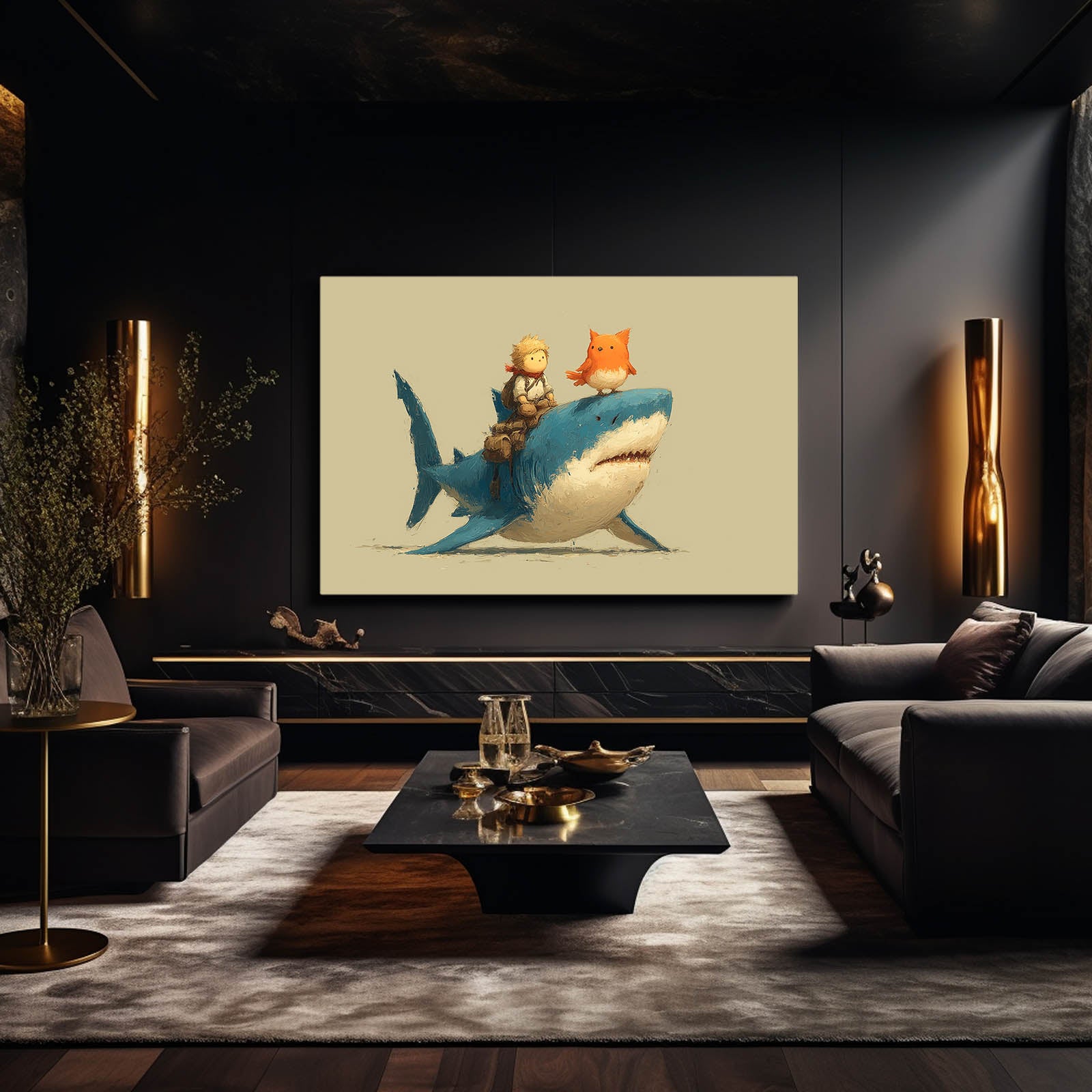 Cute Ride Friends Shark Canvas Art – styled in a furnished interior