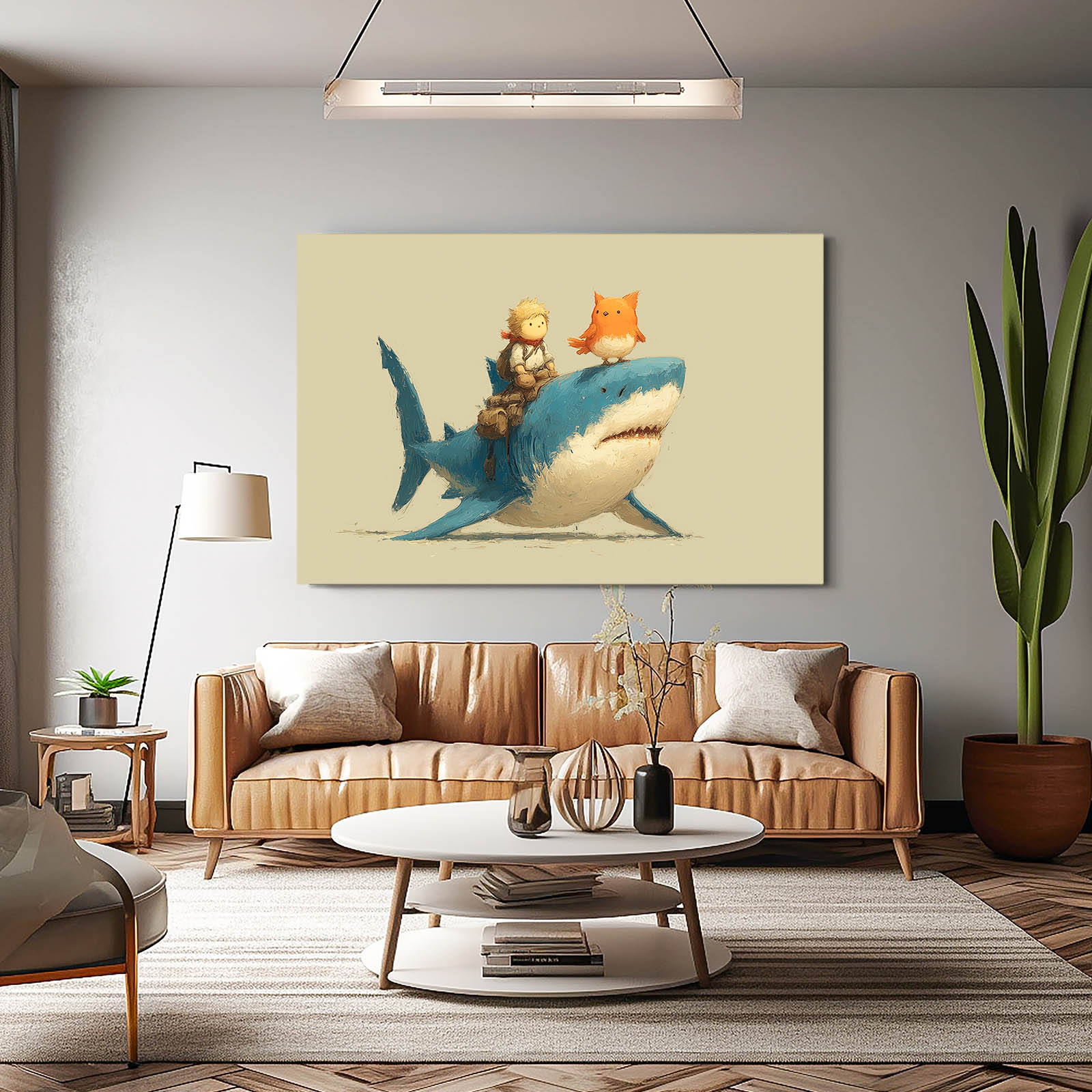 Cute Ride Friends Shark Canvas Art – styled in a furnished interior