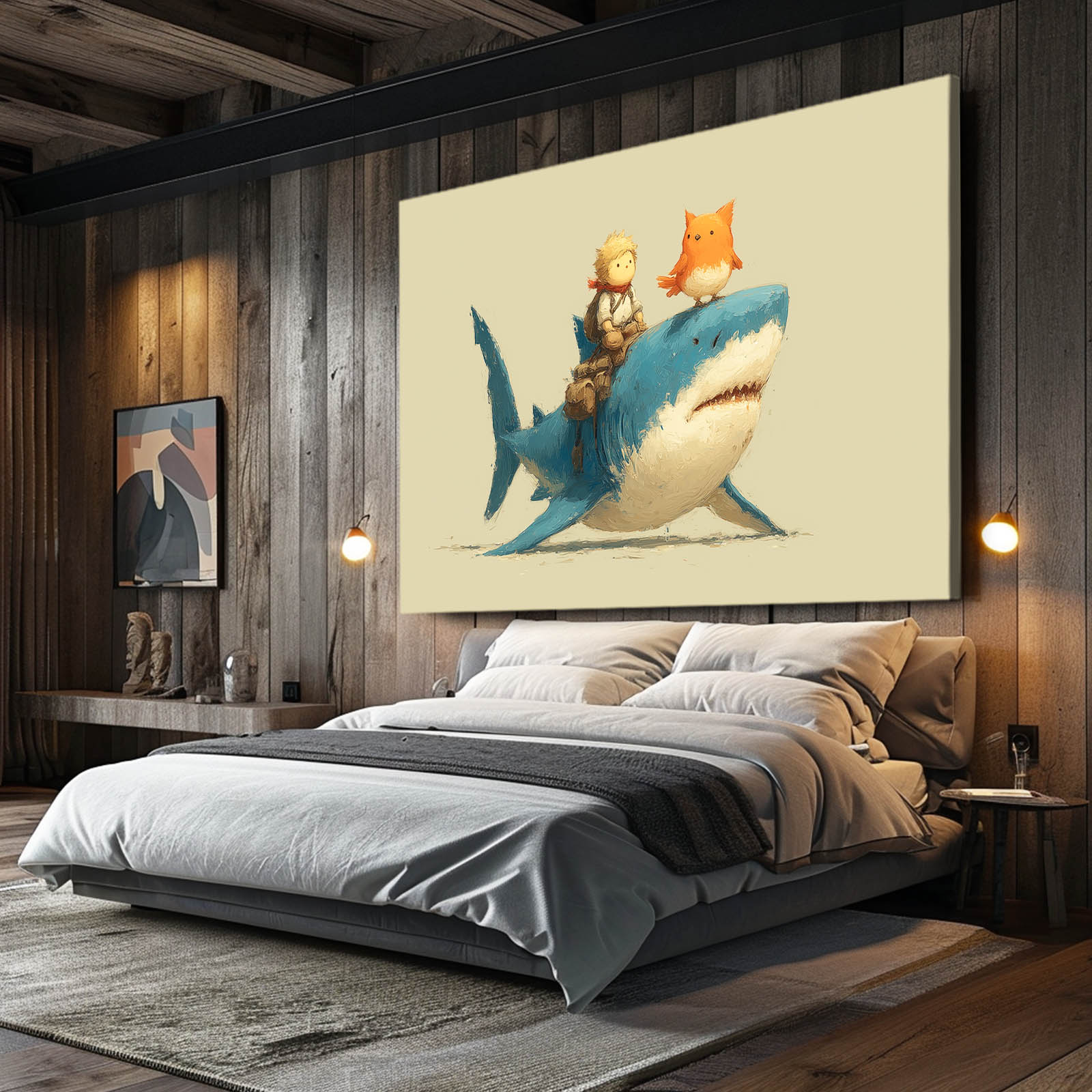 Cute Ride Friends Shark Canvas Art – styled in a furnished interior
