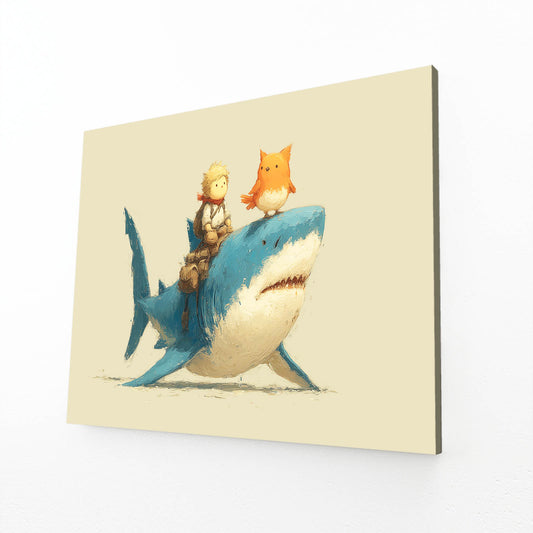 Cute Ride Friends Shark Canvas Art – angled canvas view on white background