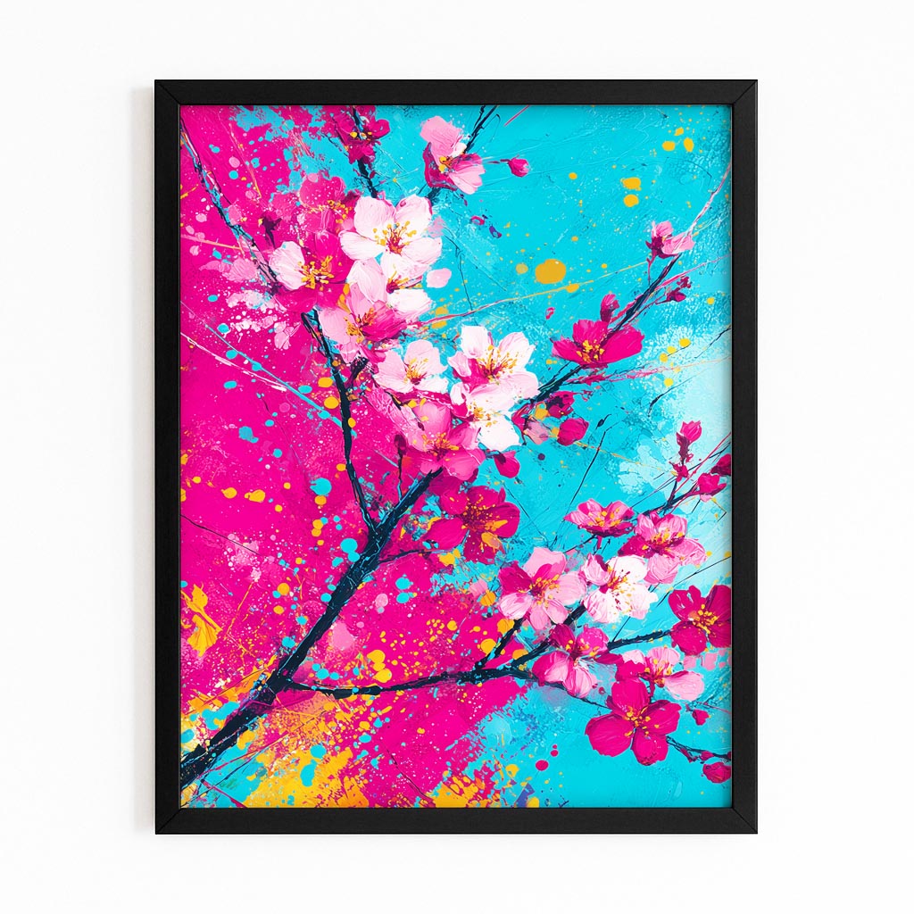 Cyan Magenta Splash Cherry Blossom Canvas – with Premium Black frame on white background