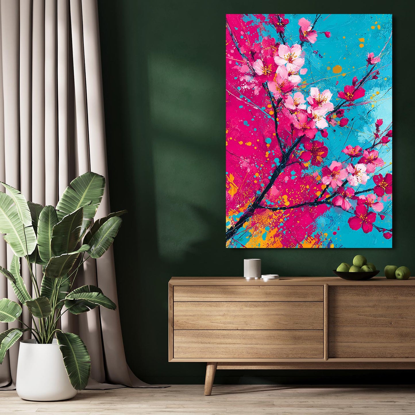 Cyan Magenta Splash Cherry Blossom Canvas – styled in a furnished interior