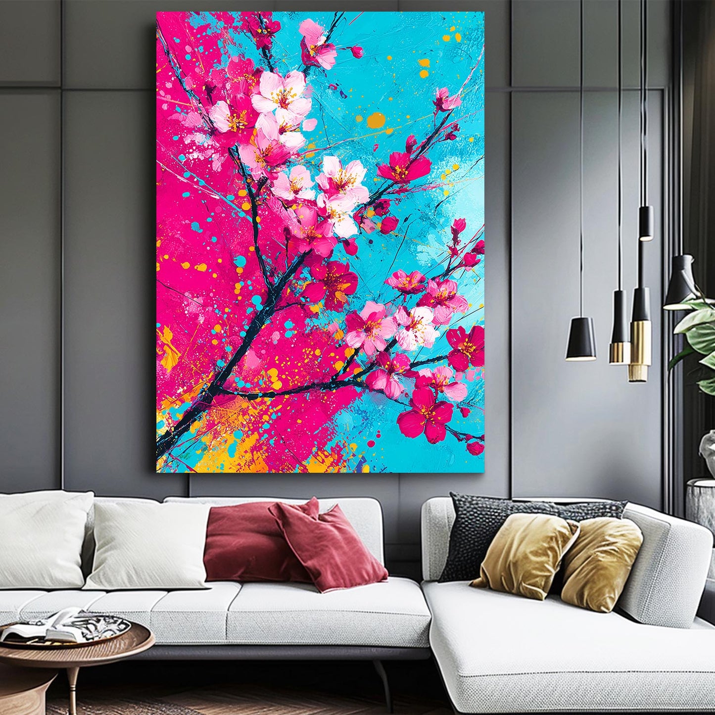 Cyan Magenta Splash Cherry Blossom Canvas – styled in a furnished interior