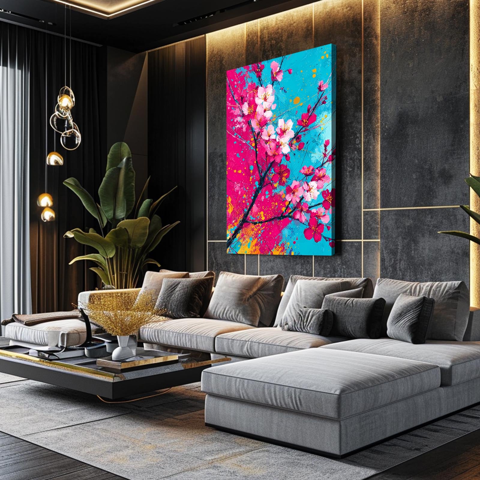 Cyan Magenta Splash Cherry Blossom Canvas – styled in a furnished interior