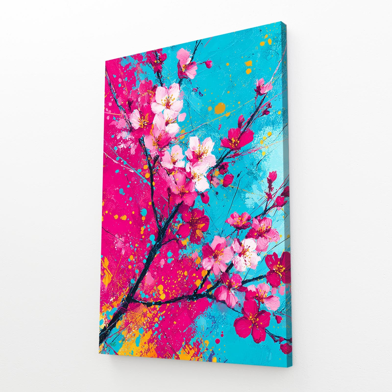 Cyan Magenta Splash Cherry Blossom Canvas – angled canvas view on white background