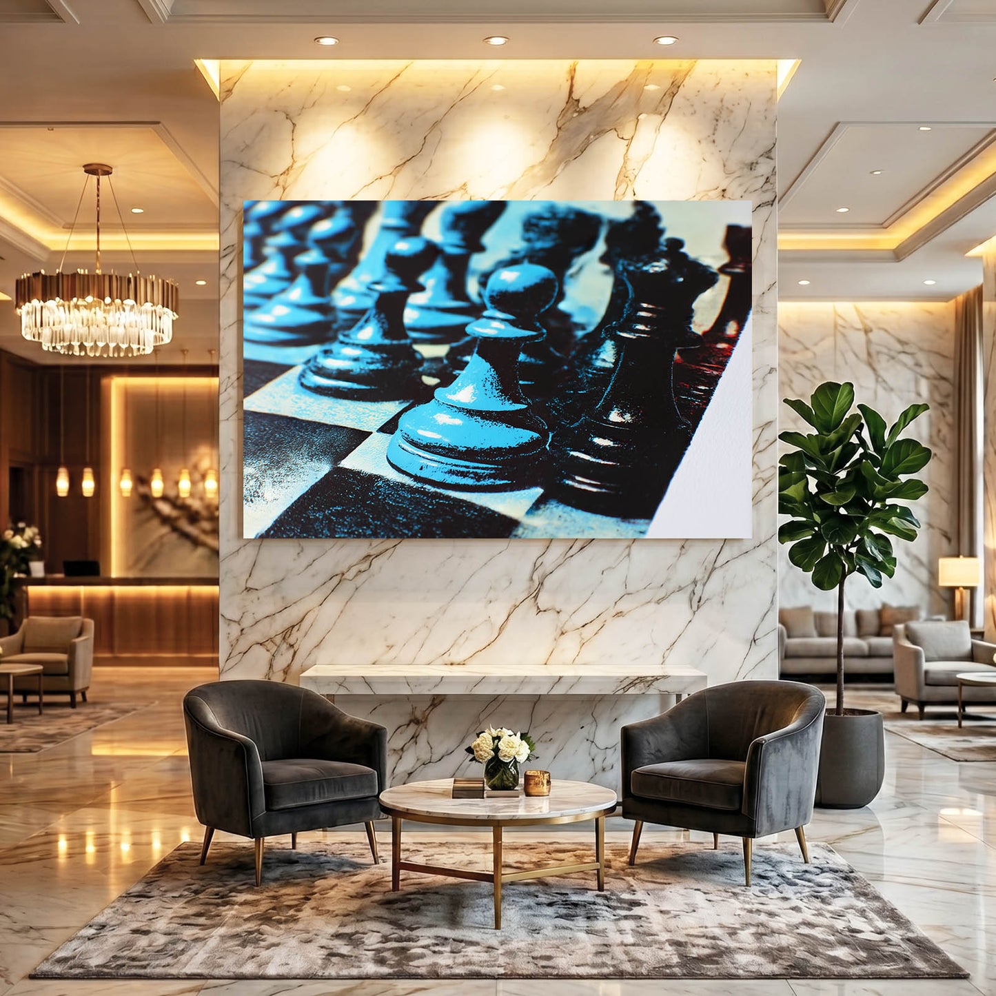 Cyan Toned Lineup Chess Canvas – styled in a furnished interior