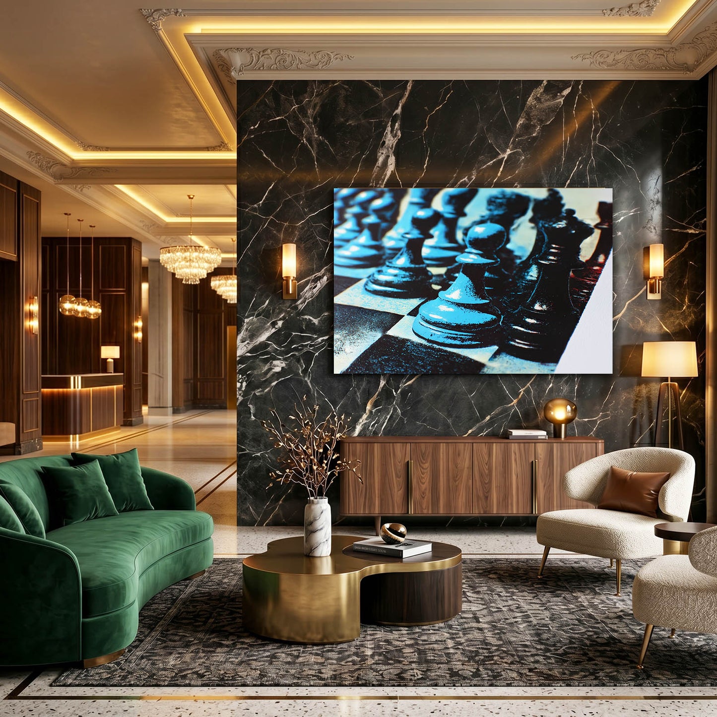 Cyan Toned Lineup Chess Canvas – styled in a furnished interior