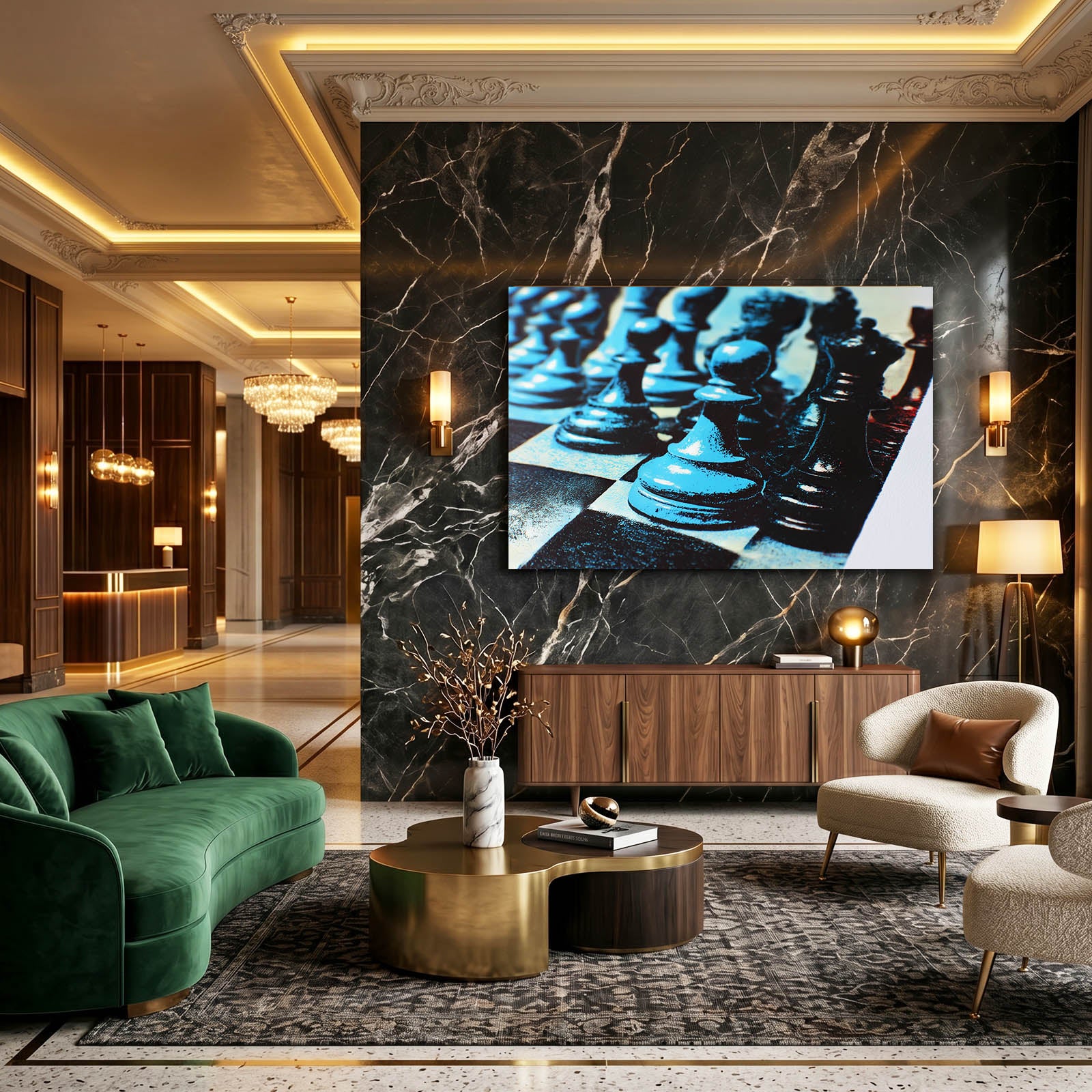 Cyan Toned Lineup Chess Canvas – styled in a furnished interior