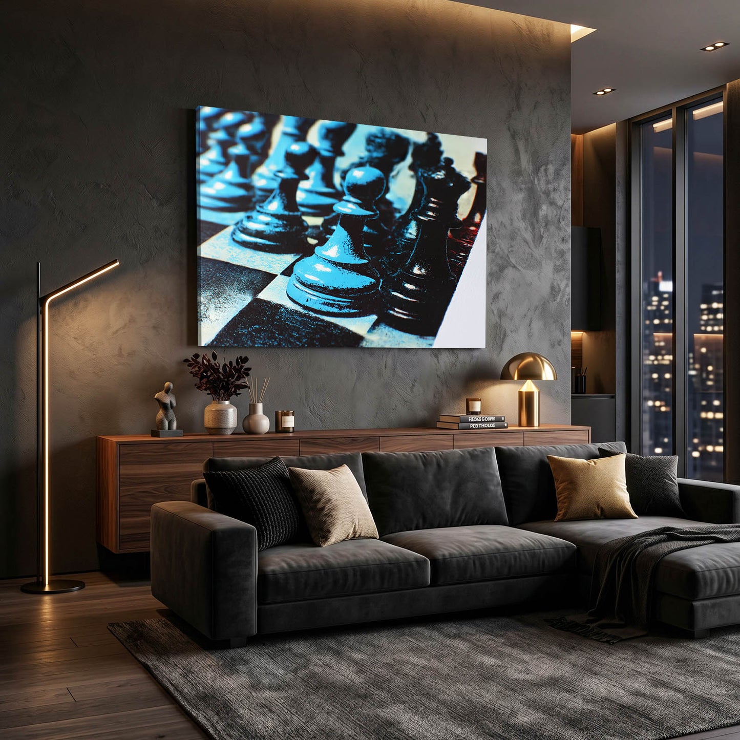 Cyan Toned Lineup Chess Canvas – styled in a furnished interior