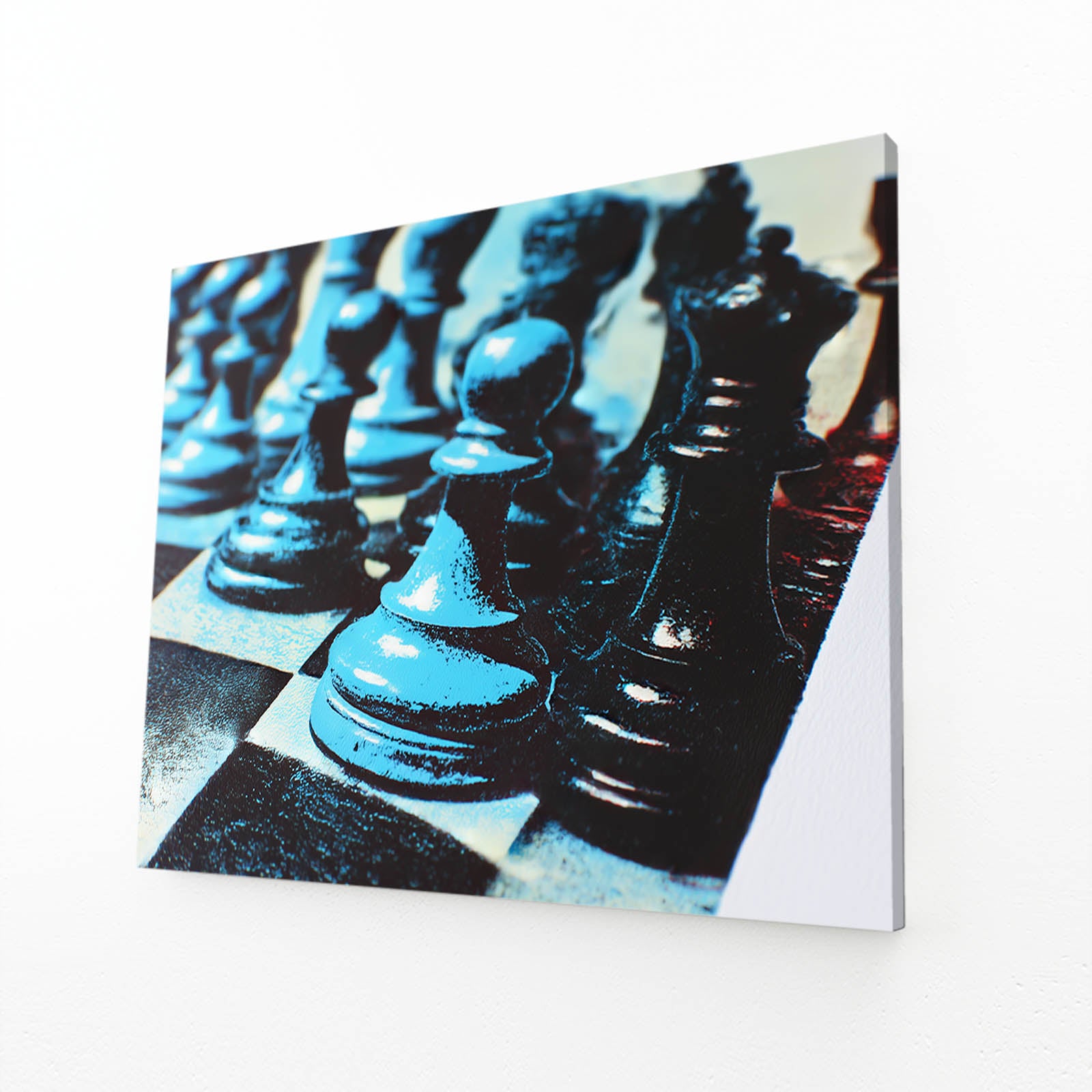Cyan Toned Lineup Chess Canvas – angled canvas view on white background