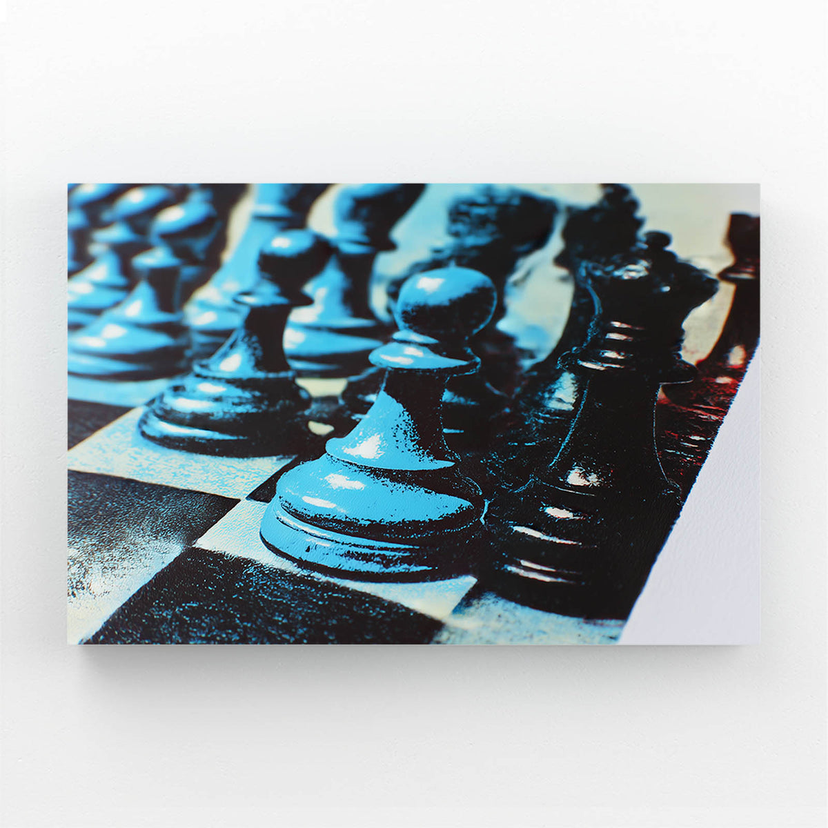 Cyan Toned Lineup Chess Canvas — photography canvas print, angled canvas view on white background