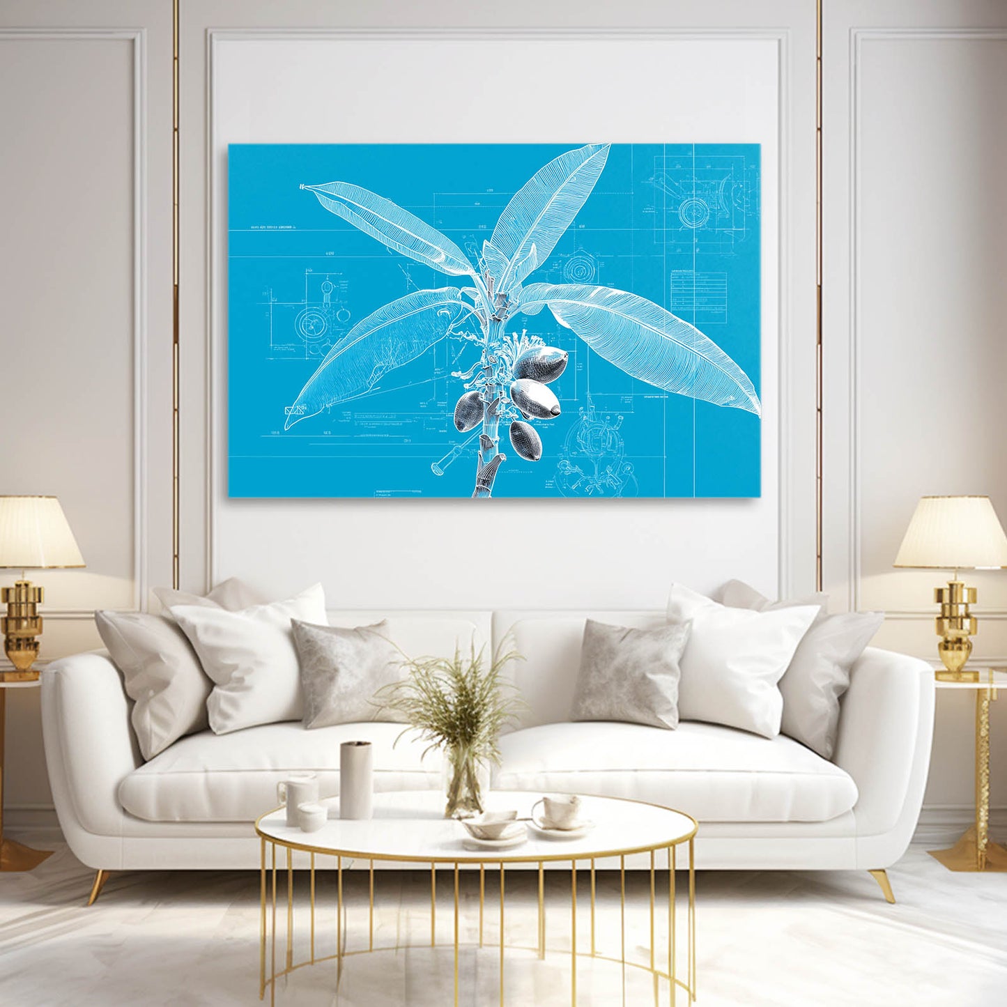Cyanotype Fruit Sprig Canvas – styled in a furnished interior