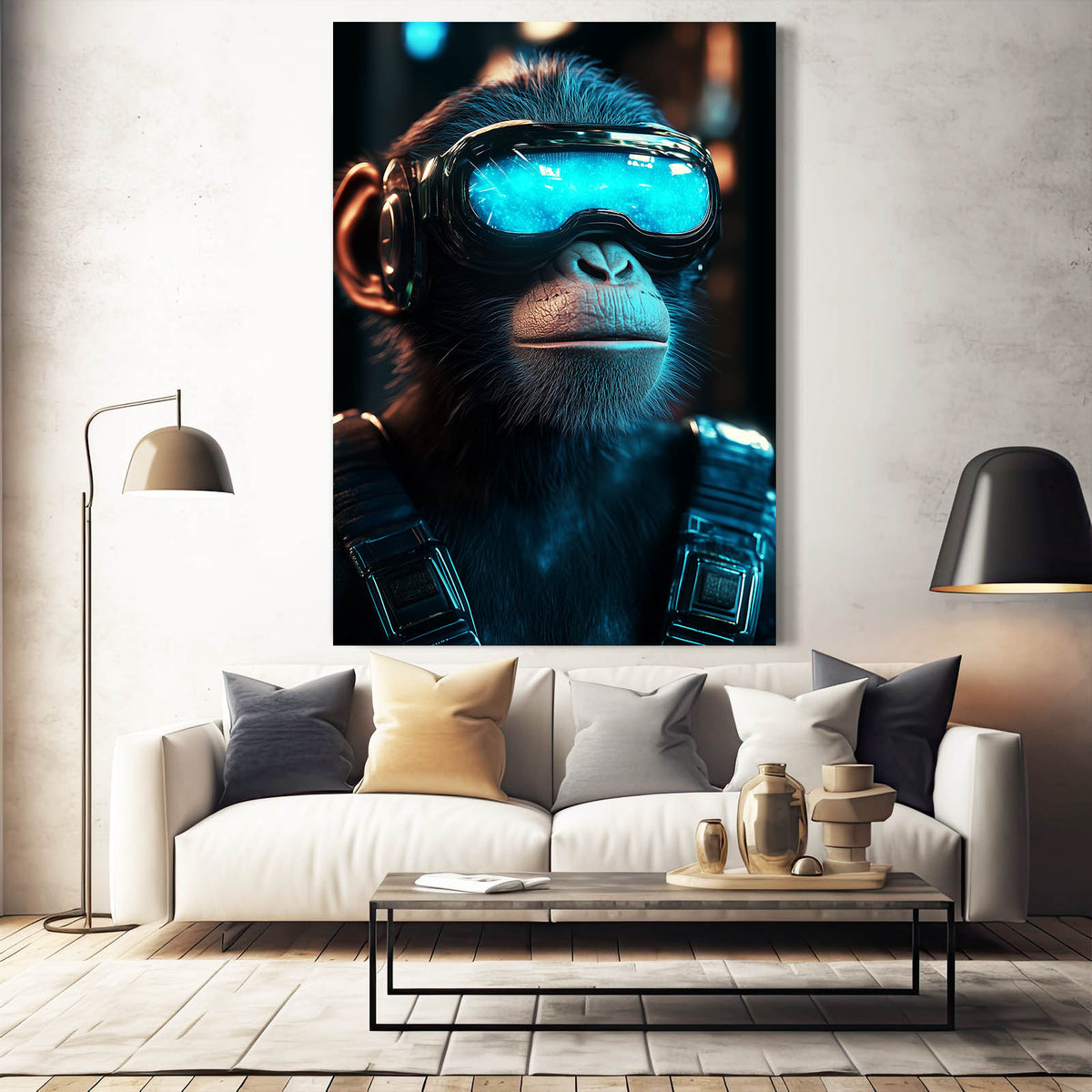 Cyber Goggles Monkey Art — contemporary canvas print, styled in a furnished interior