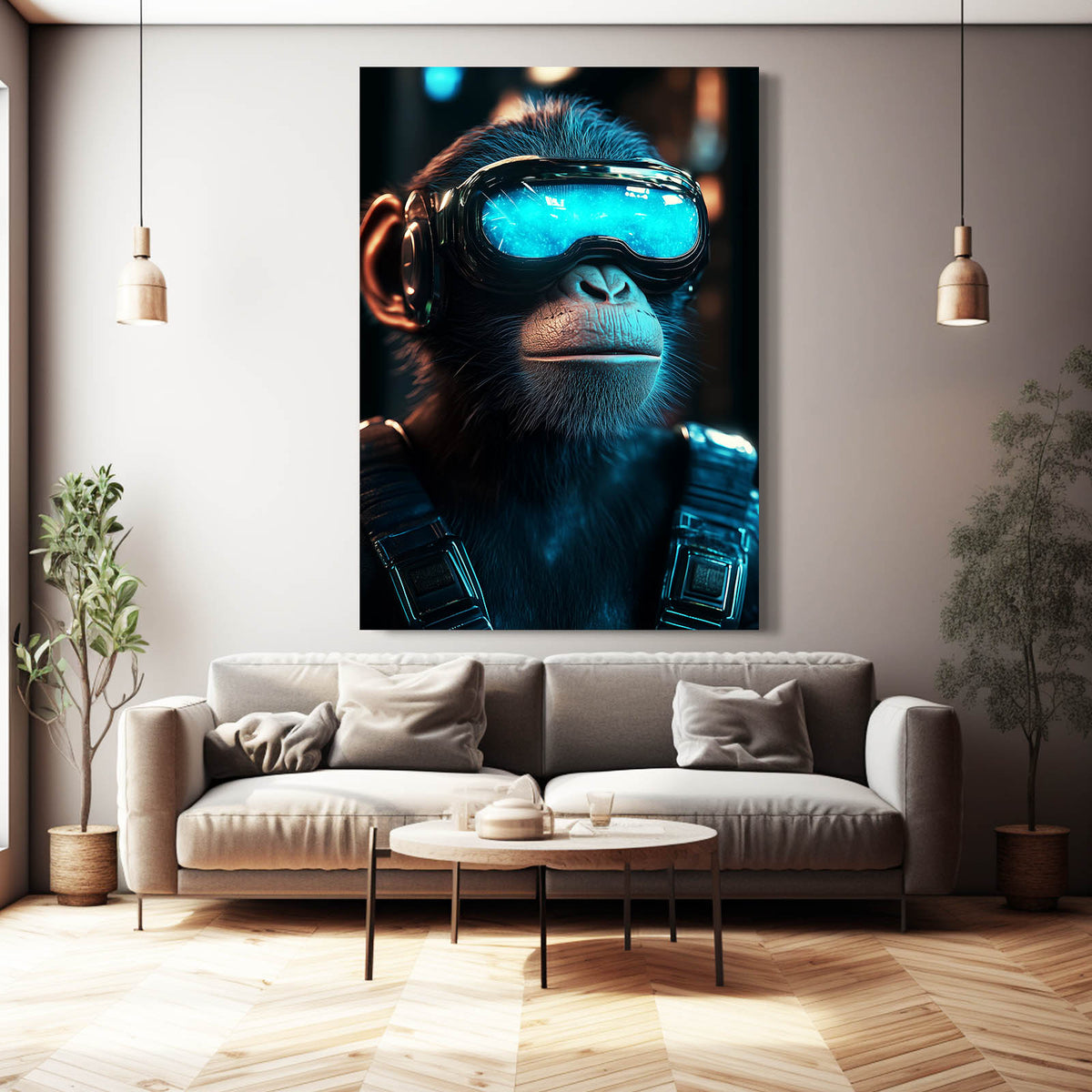 Cyber Goggles Monkey Art — contemporary canvas print, styled in a furnished interior