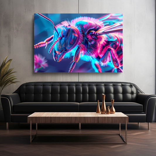 Cyber Neon Bee Art — 3d canvas print in blue tones, view 3