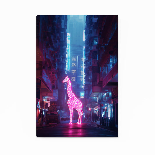 Neon giraffe in a futuristic city street with tall buildings and glowing signs.