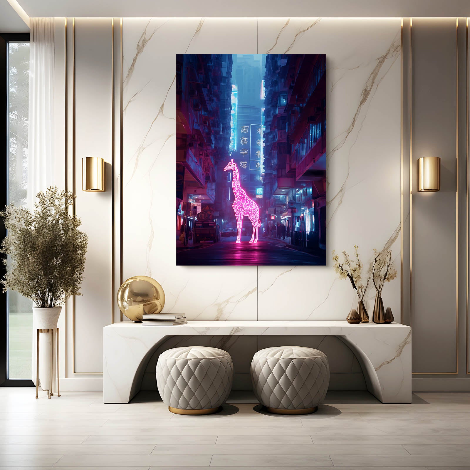 Modern interior with a stylized cityscape painting of a giraffe on a marble wall.