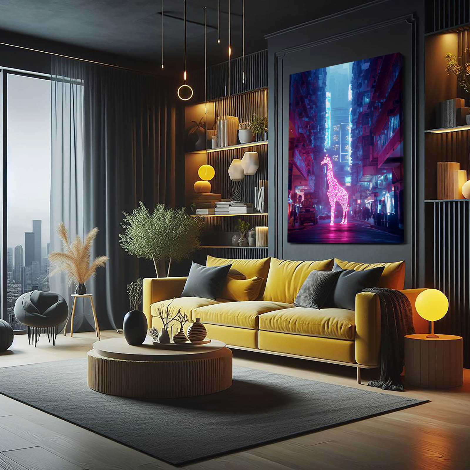 Modern living room with yellow sofa, coffee table, and decorative elements.