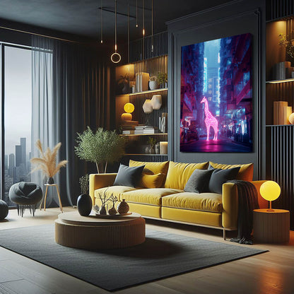 Modern living room with yellow sofa, coffee table, and decorative elements.