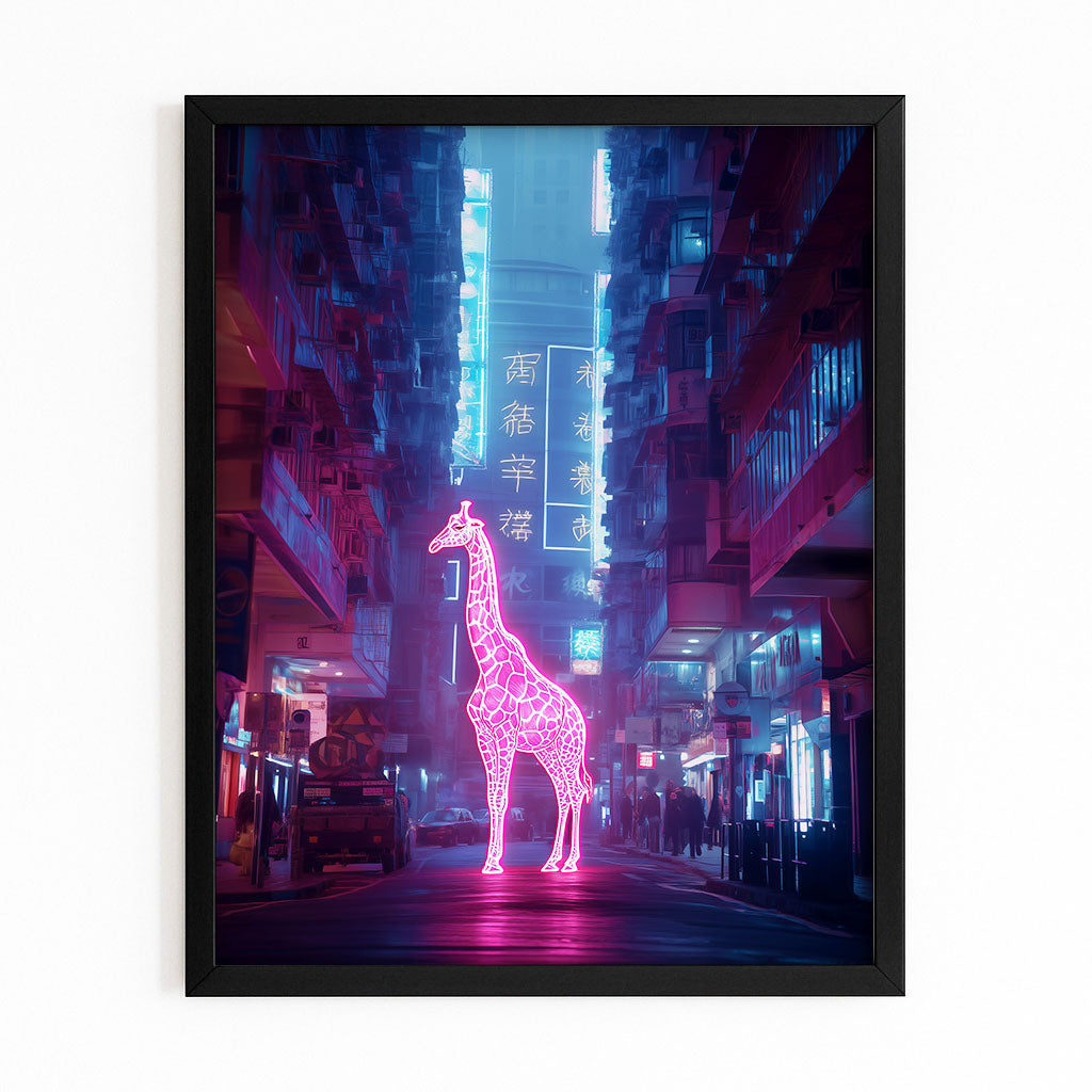 Framed artwork of a neon giraffe in a futuristic city street.