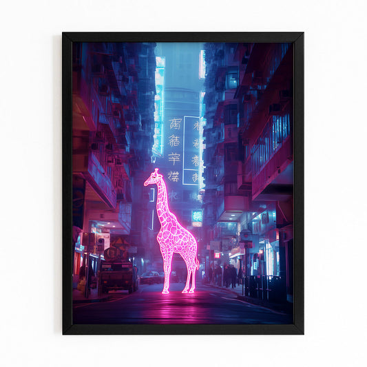 Framed artwork of a neon giraffe in a futuristic city street.