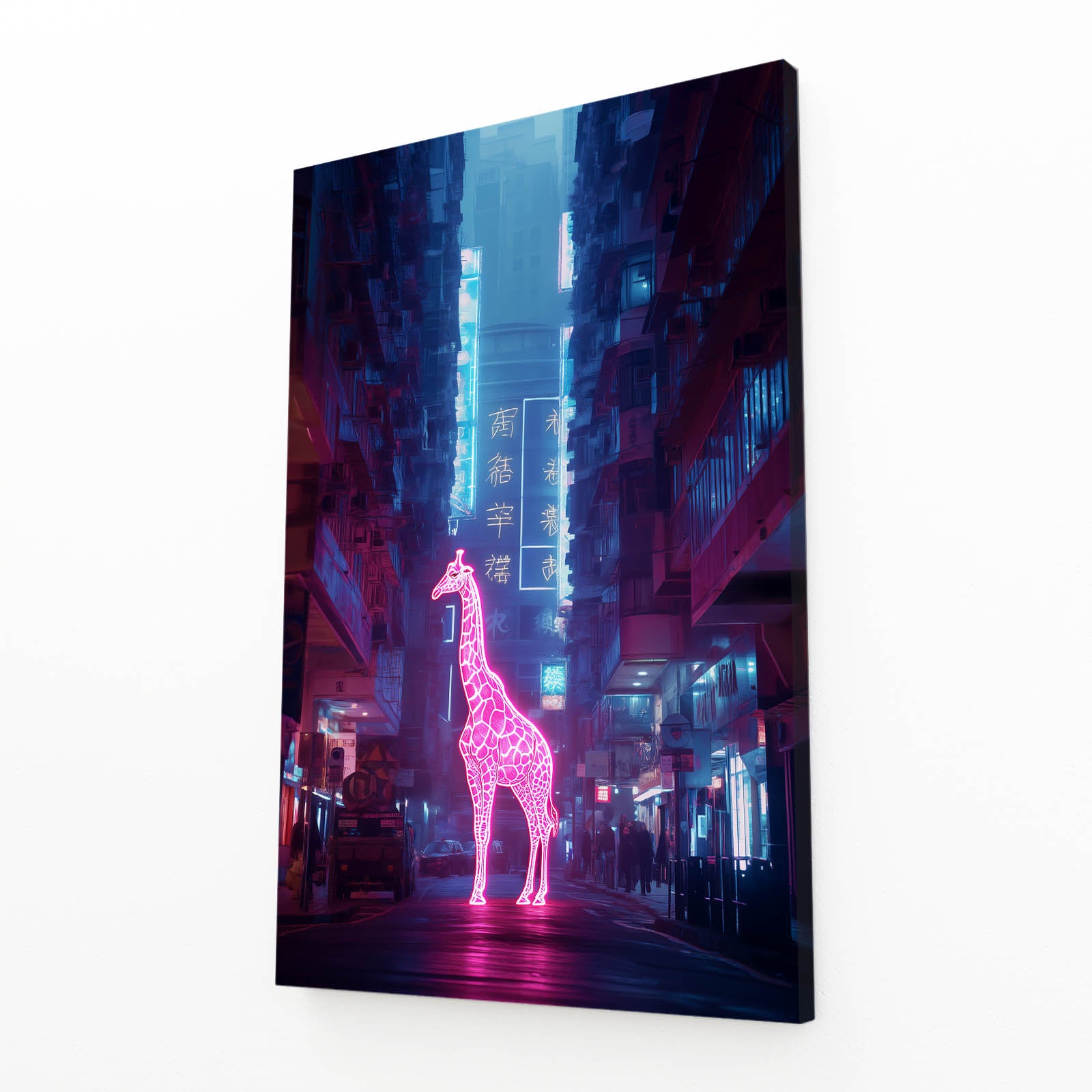 Neon giraffe in a futuristic cityscape with tall buildings and glowing signs.