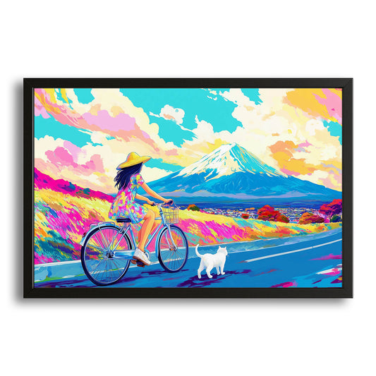 Cycling Dream Wall Art Cat — anime canvas print in blue tones, with Premium Black frame on white background